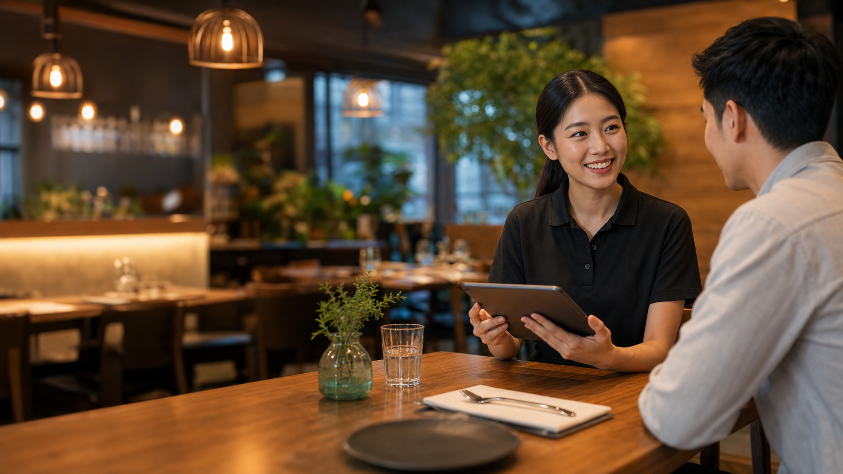 Restaurant staff helping a guest with tebole
