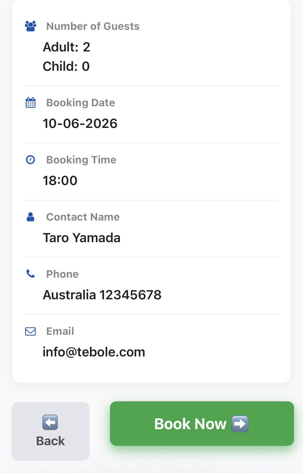 tebole mobile booking confirmation screen