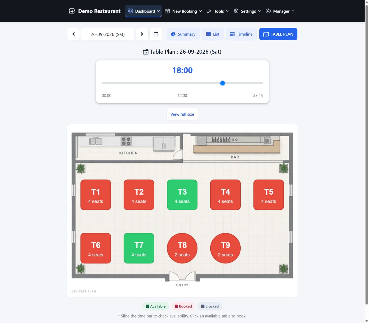 tebole 3.0.0 table plan with available and booked tables