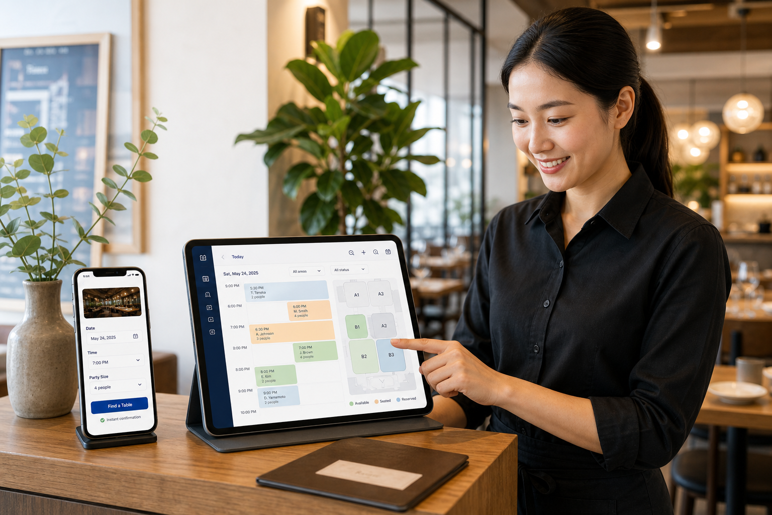 Restaurant staff using tebole on tablet and phone