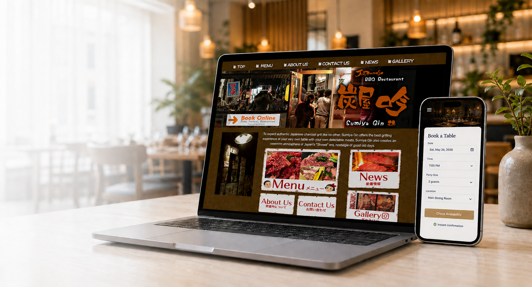 Restaurant website design shown on laptop and phone