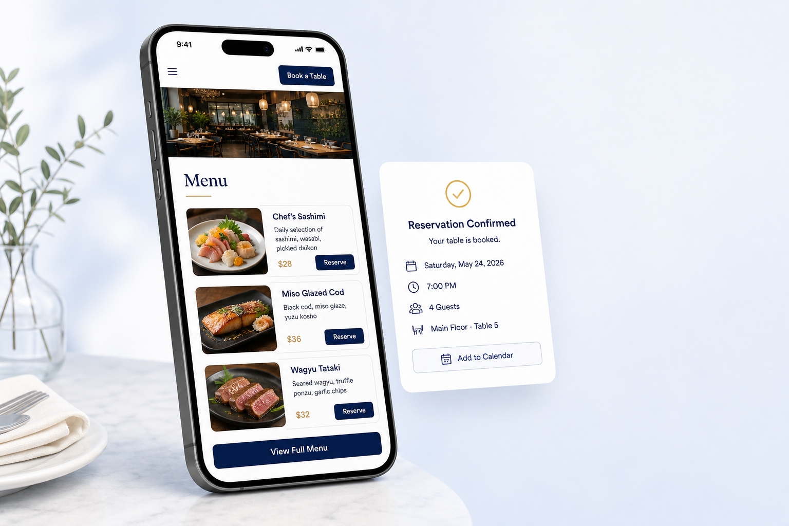 Mobile restaurant website and reservation confirmation